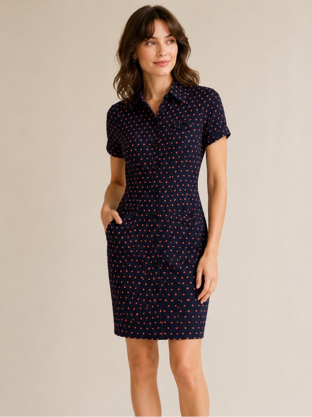 Nipon Boutique Navy Dress with Coral Dot Print